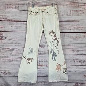 True Religion Y2K Joey White Flare Jeans 27 Embellished Low Rise Boho Hippie EUC